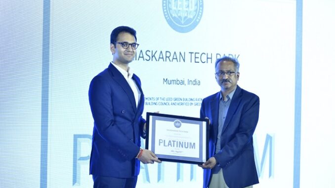 Mr Yuvraj S Rajan, Director- Raiaskaran receiving the prestigious LEED Platinum certificate from Mr Gopalakrishnan P, MD, GBCI, SE Asia and MENA