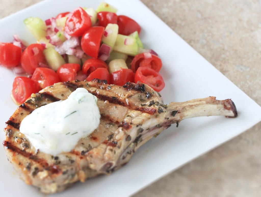 Greek Pork Chops with Tomato and Cucumber Salad